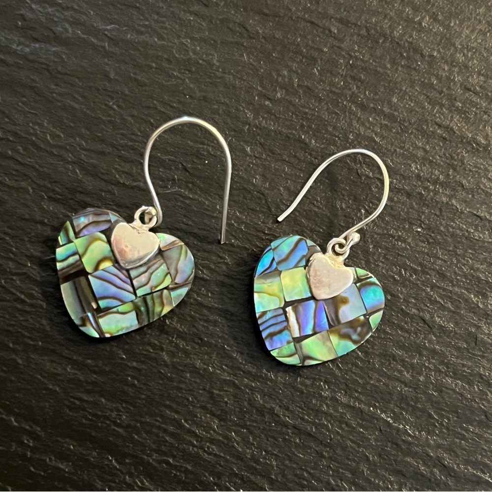 Abalone Shell Sterling Silver 925 Heart French Hook Earrings